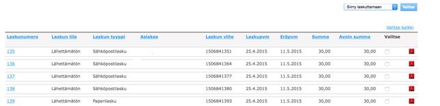 3. Hae laskut Du får igen en lista med alla skapade fakturor.
