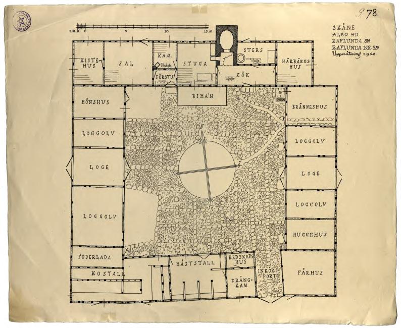 Planritning över gården Ravlunda 29 upprättad av Gotthard Gustafsson 1928. Gården, uppförd i korsvirke, flyttades i samband med skifte 1831.