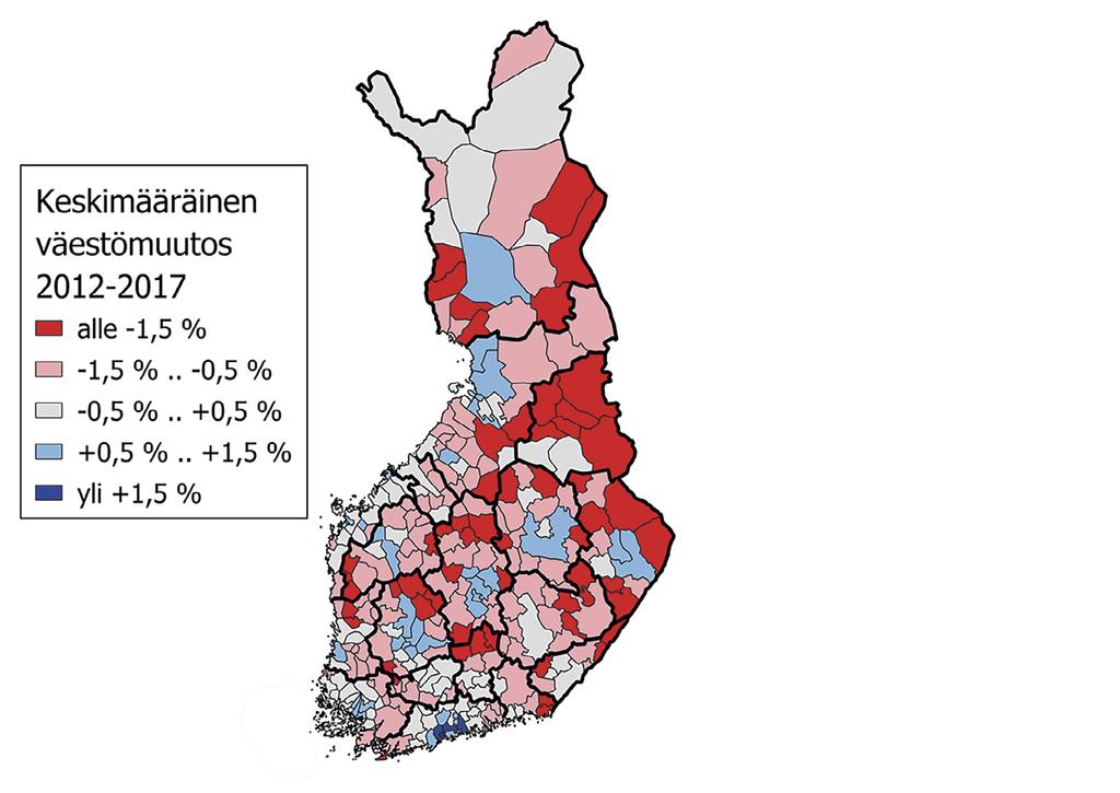 FINANSMINISTERIETS PUBLIKATIONER 2019:36 Genomsnittlig befolkningsförändring 2012 2017 Mindre än -1,5 % - 1,5 %.. - 0,5 % - 0,5 %.. + 0,5 % + 0,5 %.. + 1,5 % Mer än +1,5 % Figur 7.