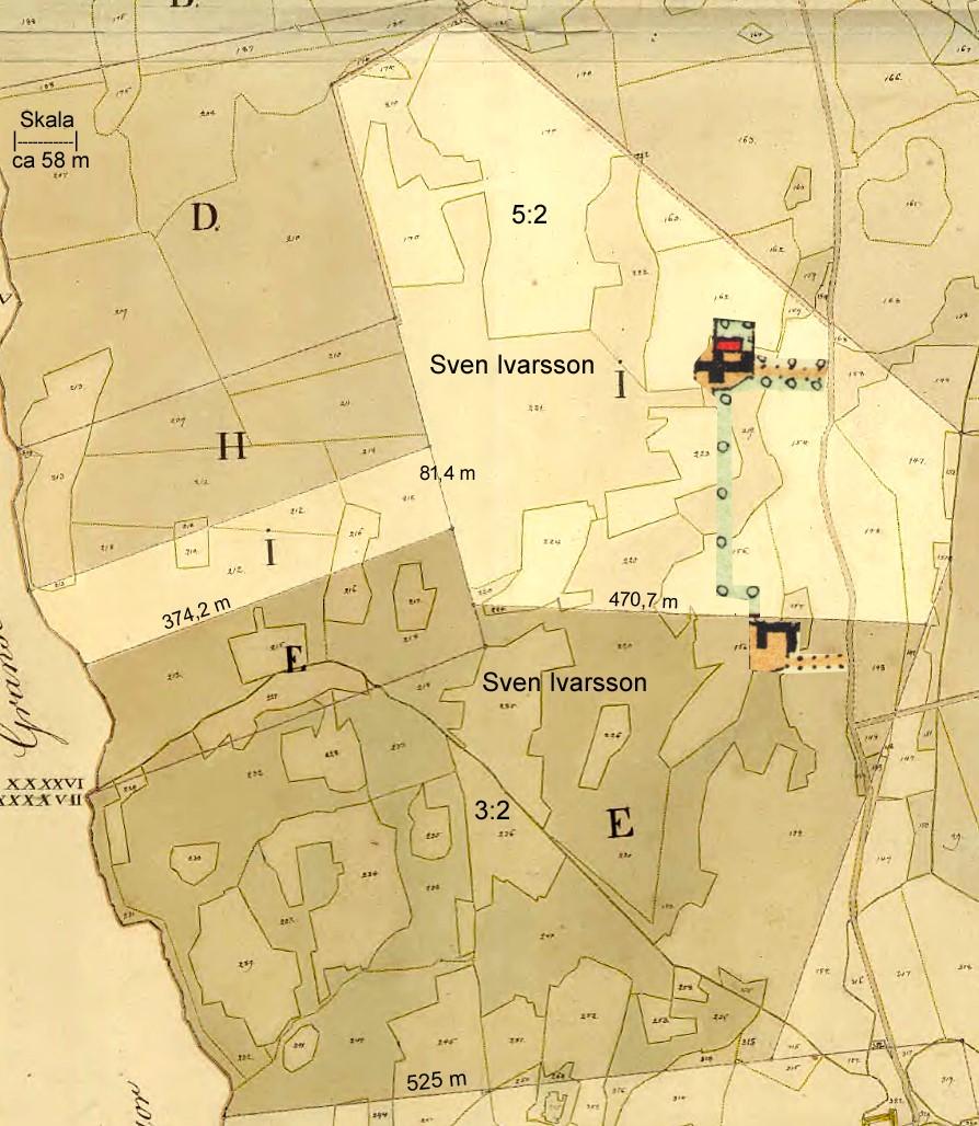 1.1 Sven Ivarsson, tilldelade markområden. Appeltorp 5:2 den ljusa delen, I på kartan, och Appeltorp 3:2 den mörkare delen, E på kartan, enligt Laga skifte. Ägorna gränsar till varandra.