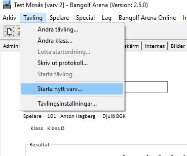 2.15 Starta nytt varv När det är dags att starta nästa varv klickar du på Tävling i menyraden och väljer Starta nytt varv. Du kan dock fortfarande mata in resultat från föregående varv.