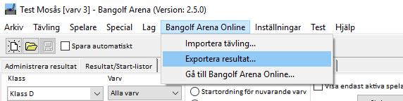 2.16 Exportera resultaten från Bangolf Arena När tävlingen är slut, välj Exportera resultat under menyvalet Bangolf Arena Online.
