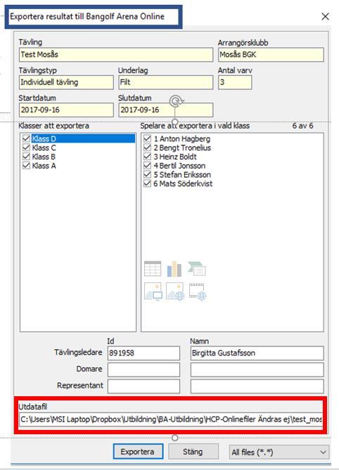 Figure 31 - Exportera resultaten steg ett Från och med version 2.5 så står det (se blåa markeringen nedan) att resultaten exporteras till Bangolf Arena Online.