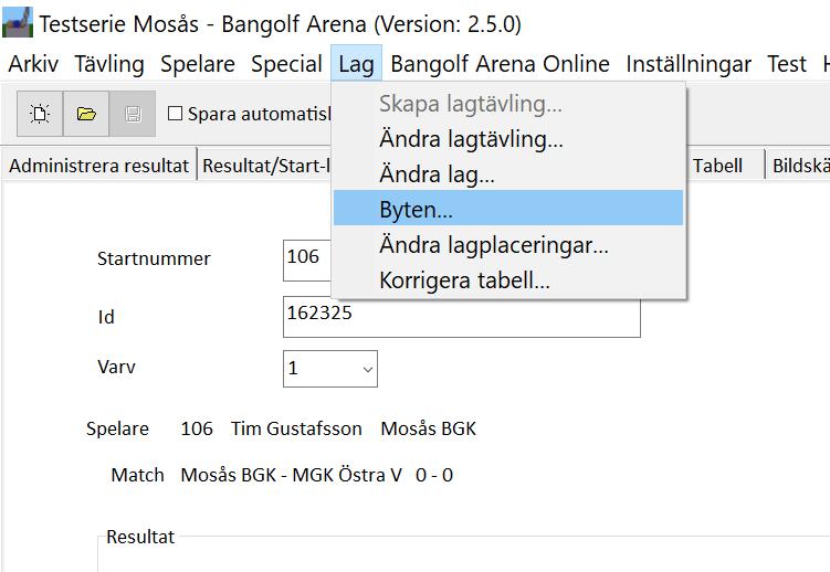 3.24 Spelarbyte i seriespel När ett lag har gjort ett byte, mata in båda spelarnas resultat för de banor de har spelat och lämna resterande banor på 0.