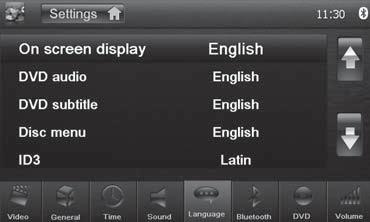 Grundinställningar Viktig information Language (språk) DVD Följande inställningar kan göras: On screen display Visningsspråk på pekskärmen till New York.