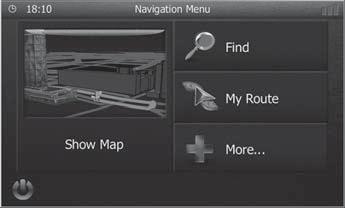 Navigering Starta navigering Tryck på Navigation i huvudmenyn för att starta navigeringskörning. Navigeringsmenyn visas. Första gången som navigering startas visas en installationsguide.
