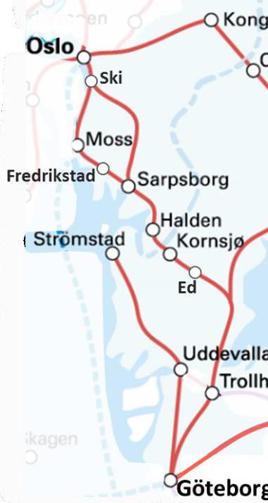 Alternativ forbindelse Østfoldbanen - Bohusbanan Krever ny jernbaneforbindelse mellom Skee og Isebakke/Berg med bru over Svinesund.
