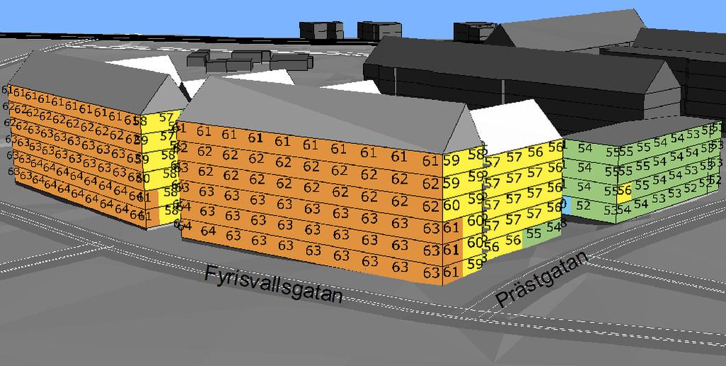 6.1 Ekvivalenta ljudnivåer Vid fasad mot Fyrisvallsgatan erhålls nivåer