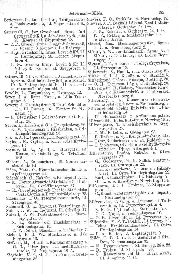 SettermanSillen. 185 Setterman, G., Land rukare, försäljer stads Sievers, F. O., Språklär., n. Norrlandsg.19. o. landtegendom r, Ll. Majorsgatan 8 B., Siewers, J. F., Bokhåll. i Skand.