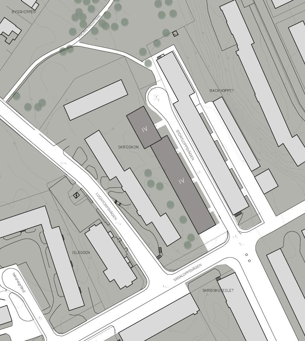 Sida 10 (13) Planförslaget Den befintliga bebyggelsen inom fastigheten är föreslagen att kompletteras med en ny fyravåningslamell placerad längs Störtloppsvägen.