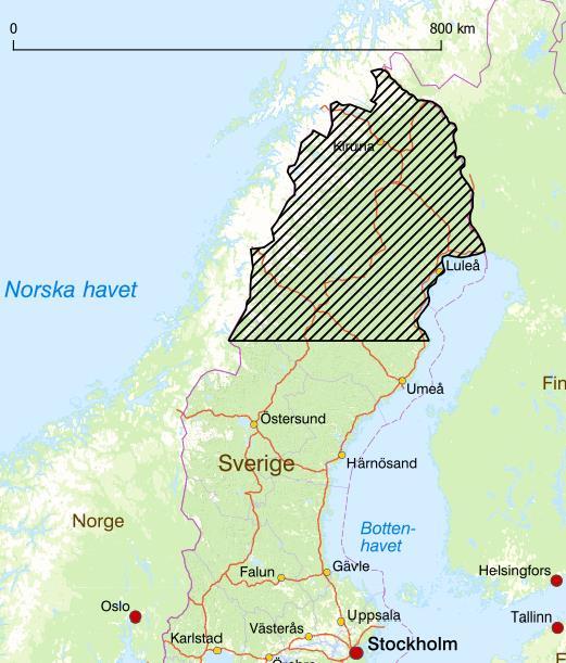 Figur 1. Karta över norra Sverige där markerat område innefattar undersökt data. Norrpil och skalstock (0-800km). 2.