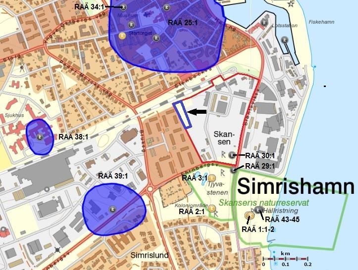 Figur 4. Karta som visar de fornlämningar som ligger närmast Skansenområdet.