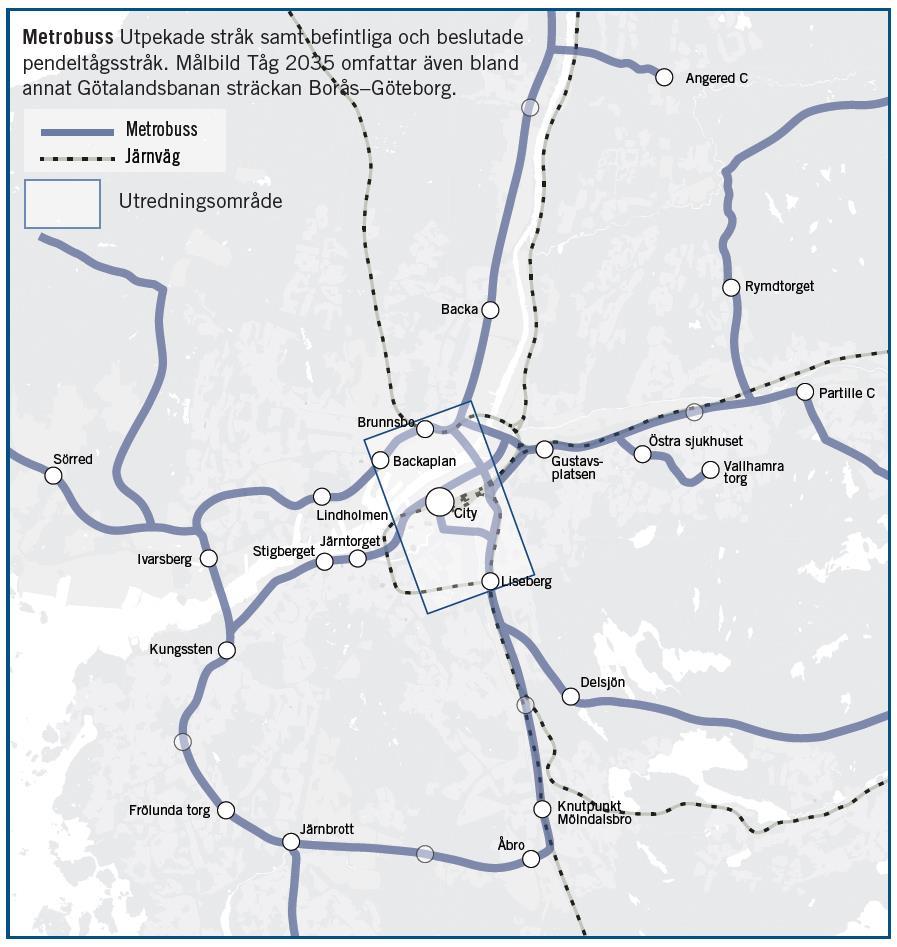 Bild 21: Utdrag ur Målbild Koll2035 som visar en möjlig dragning av metrobussnätet.