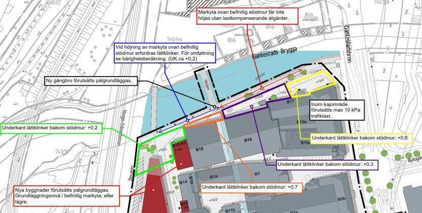Bild 2: Förslag till stabilitetshöjande åtgärd genom utfyllnad med lättklinker. För fullständiga beräkningar se till planen hörande geotekniska PM (Sweco 2011-10-28, rev.