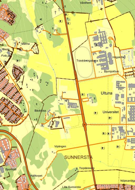 - Placering och utformning av huvudgata - Placering och utformning av interna kvartersgator samt gång- och cykelstråk - Hantering av dagvatten med bl.a. dammar och öppna diken - Placering och utformning av byggnader - Bevarande av träd och gröna områden PLATSEN Planområdet markeras med en streckad oval.