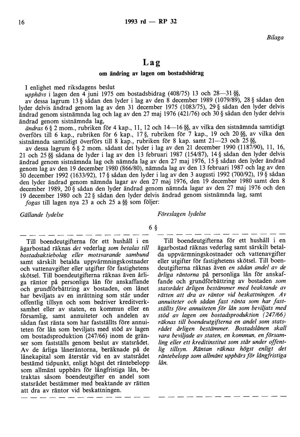 16 1993 rd- RP 32 Bilaga Lag om ändring av lagen om bostadsbidrag I enlighet med riksdagens beslut upphävs i lagen den 4 juni 1975 om bostadsbidrag (408/75) 13 och 28-31, av dessa lagrum 13 sådan den