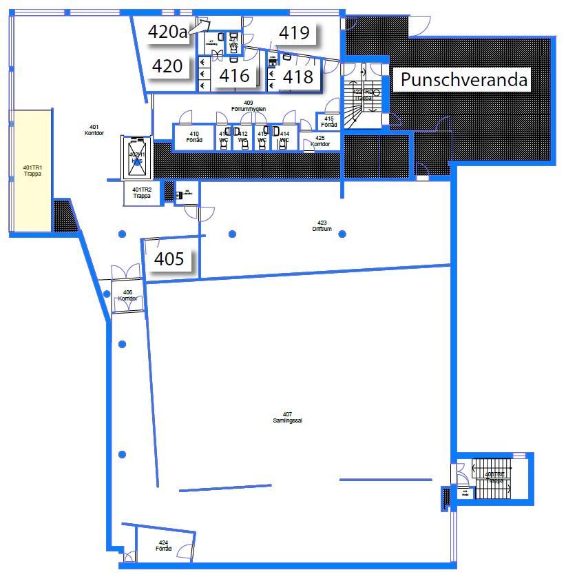 9.5. Teknologkåren, plan 4 Markerade lokaler underhålls och nyttjas av främst Teknologkårens medlemmar. 9.6.