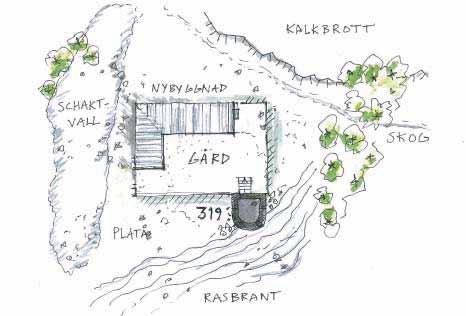 Låga hus av betong eller trä med taktäckning av gräs eller grus. Utsikt mot Bungeör genom den glesa vindpinade tallskogen. Situationsplanskiss, Skälsö Arkitekter.