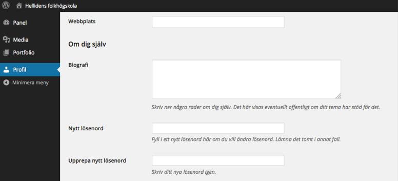 Det är här du fyller i de uppgifter du vill ska synas på din portfoliosida. Kontaktuppgifter, me