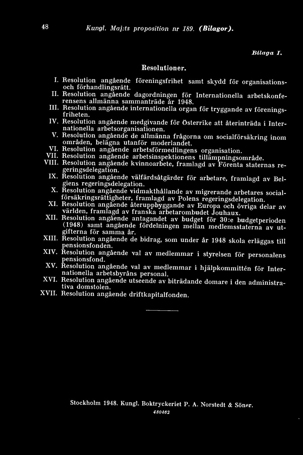 Resolution angående medgivande för Österrike att återinträda i Internationella arbetsorganisationen. V.