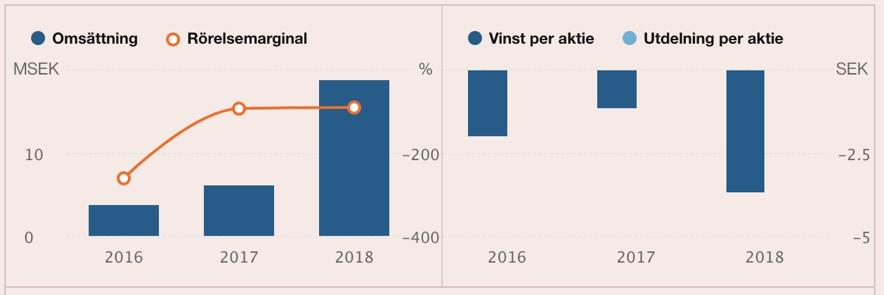 Finansiell historik Översikt koncernen* 2018 Nettoomsättning (tkr) 18 922 Rörelseresultat (tkr) -16 987 Resultat efter finansiella poster (tkr) -19 679 Balansomslutning (tkr) 57 650 Soliditet (%)