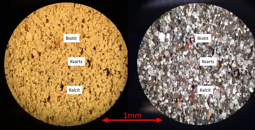 Figur 8, Tunnslip 19U-02C sidobergart, mikroskopbild i PPL samt XPL Sidobergartsomvandling innehåller väldigt finkorniga till finkorniga euhedrala kristaller med en mineraluppsättning av kvarts,