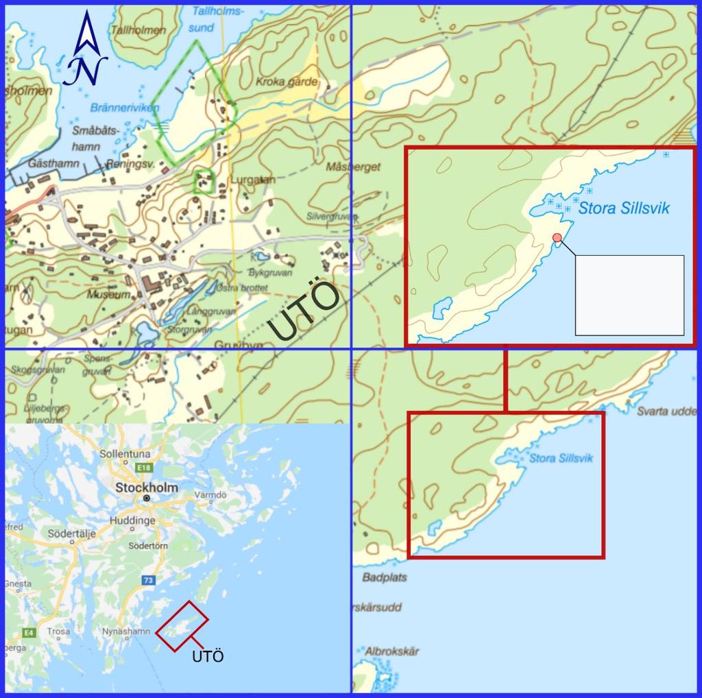 Studieområde Stora Sillsvik Figur 2, Karta över Utö samt vart studieområdet Stora Sillsvik är lokaliserat, Skala 1:10 000, SWEREF 99 TM, RH 2000. Källa, Lantmäteriet http://www.lantmateriet.