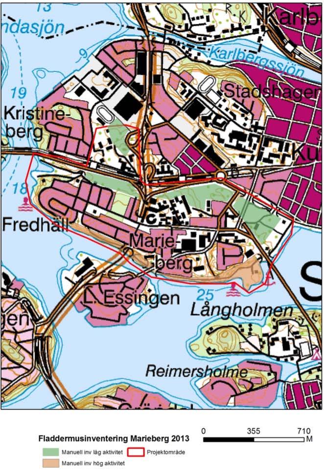 Figur 7. Bilden visa var i området det var hög respektive låg aktivitet på inspelade fladdermöss med handhållen fladdermusdetektor (Ecocom, 2013).