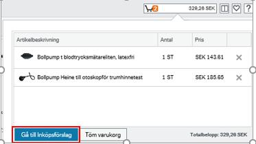 När du lagt alla artiklar som ska beställas i varukorgen trycker du på knappen Gå till Inköpsförslag (tidigare rekvisition).