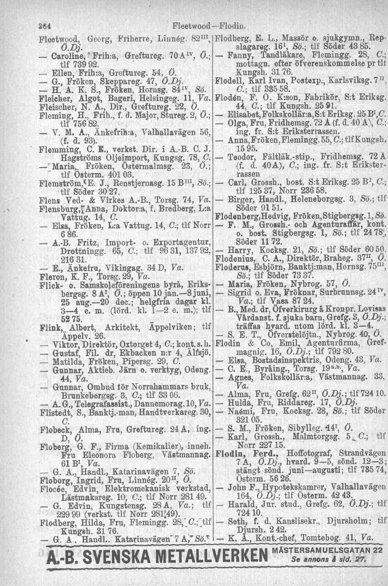 gm Fleetwood-Flodin. Fleetwood, Georg, Friherre, Linneg. 82 111, Flodberg. E. L., Massör o, sjuli:gymn., Rep- O.Dj.. slagarag. 16 1, Bä.; tlf Söder 4385. _ Caroline, t Frih:a, Greftureg. 70A IV, O.