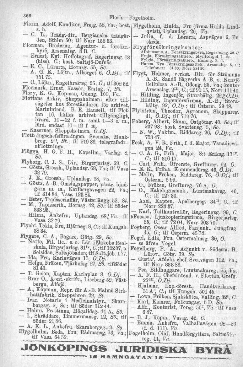 866 Florin-Fogelholm. Florin, Adolf, Konditor, Frejg. 58, Va.; bost.flygelholm, Hulda, ~'ru (firma Hulda Linds. h.. qvist), Uplandsg. 26, Va. - C. L., Trädg. di