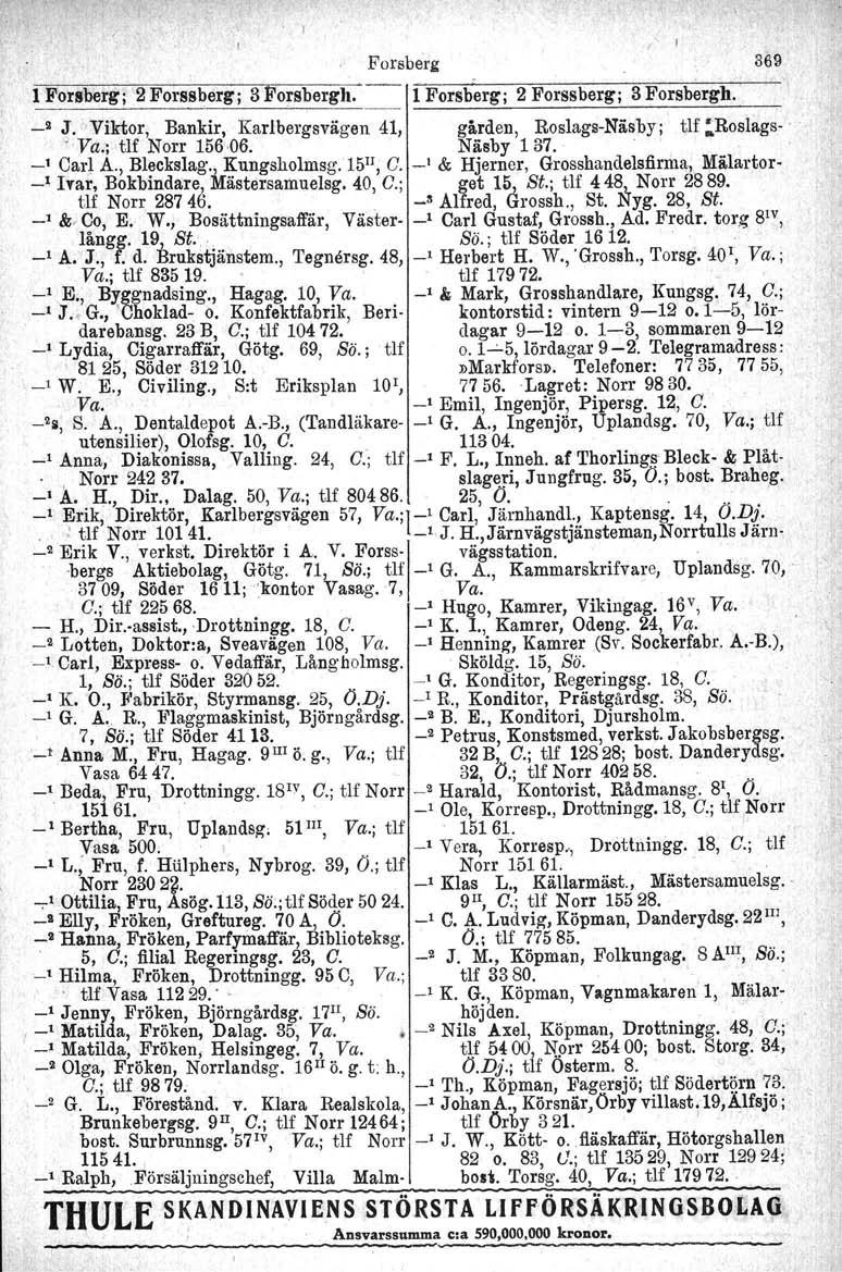 , ' I Forsberg 869 l Forsberg; 2 Forssberg ; 3 Forsbergh. 1 Forsberg; I 2 Forssberg; 3 Forsbergh. _2 J. 'Viktor, Bankir, Karlbergsvägen 41, gården, Roslage-Näsby: tlf :Roslags- ' Va.; tlf Norr 156 06.