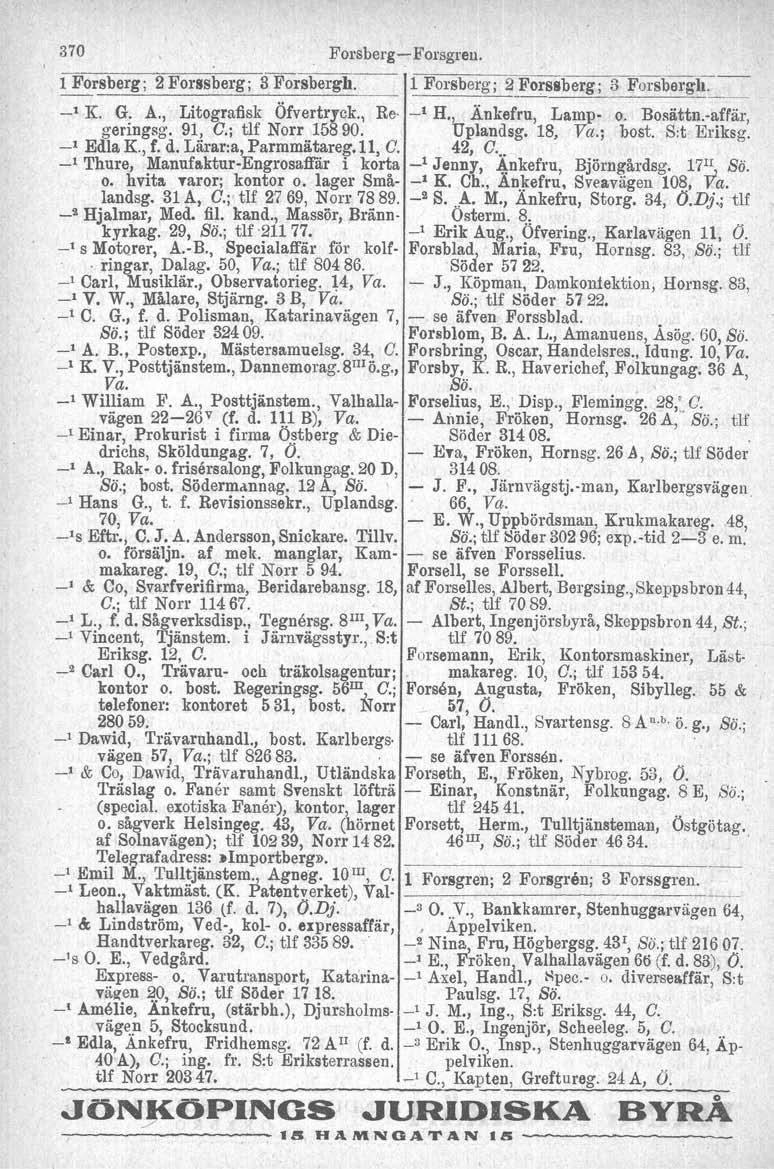 370 Forsberg~ Forsgren. 1 Forsberg; 2 Forssberg ; 8 Forsbergh. 1 Forsberg; 2_Fors8bergj 3 Forsbergh. _1 K. G. A., Litografisk Öfvertryck., Re _1 H., Änkefru, Lamp- o. Bosättn.-affär, geringsg, 91, e.