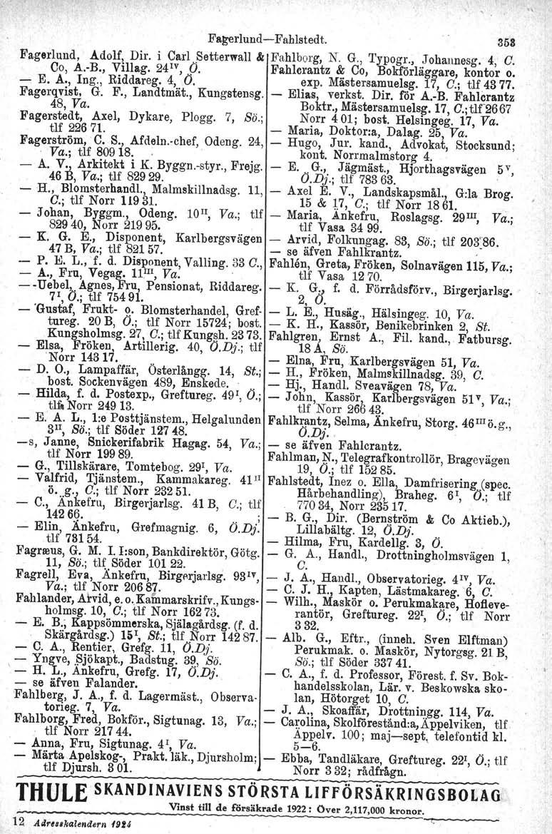 ..., Fagerlund-Fahlstedt. 853 Fagerlund. Adolfl Dir. i Carl.Setterwall & Fahlborg, N. G., Typogr., Johaunesg. 4, O. Ca, A.-B., VIllag. 24 1V, O. Fahlerants & Co, Bokförläggare, kontor o. --, E. A., Ing.