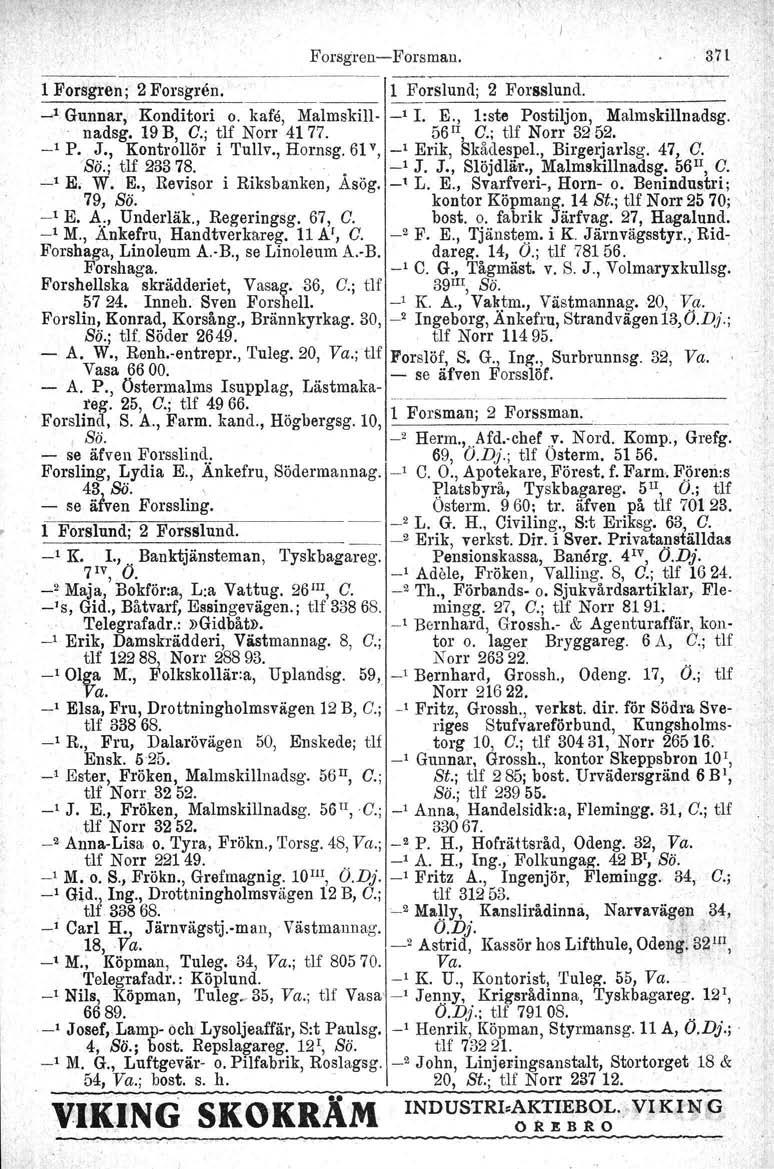 Forsgreu-e- Fursman. 371 1 Forsgren ; 2 Forsgren. 1 Forslumi; 2 Forsslu_nd_. _..J Gunnar, Konditori o. kafe, Malmskill- _1 L E., l:ste Postiljon, Malmskillnadsg. nadsg. 19 B, O.; tlf Norr 4177.