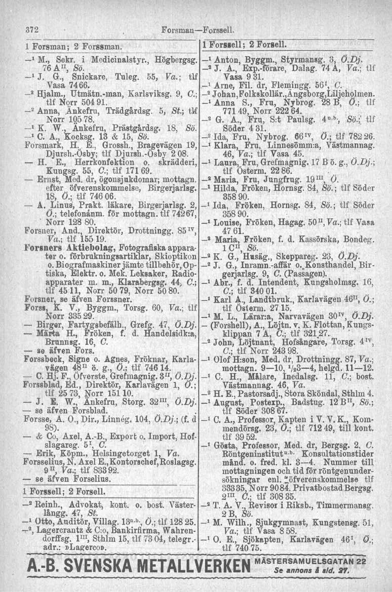 372 Forsman-Forssell. 1 Forsman ; 2 Forssman. _1_F_o.r SI_e_ll_;_2_F_o_rl_e_ll_. _ 1 M., Sekr. i Medieinalstyr., Högbergag. _1 Anton, Byggm., Styrmansg. 3, O.Dj. 76AII, Sö. _! J. A., Exp.
