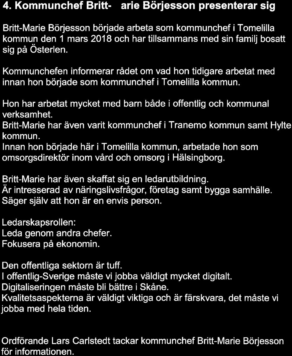 Österlen. Kommunchefen informerar rådet om vad hon tidigare arbetat med innan hon började som kommunchef i Tomelilla kommun.