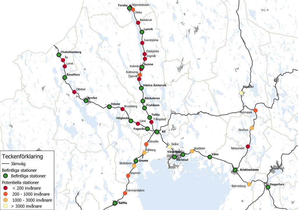 10 3. Inventering av nya stationer 3.1 Inventering av nya stationer De nya stationer som är aktuella för nya tåguppehåll har definierats i utredningsuppdraget.