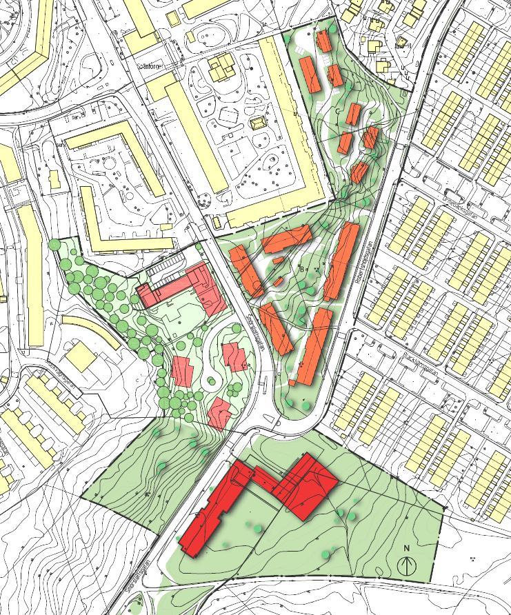 Föreslagen bebyggelse Den tillkommande bostadsbebyggelsen kan delas in i fem olika områden; A, B, C, D och E. För område A, C och D redovisas i samrådsförslaget två alternativ för exploatering.