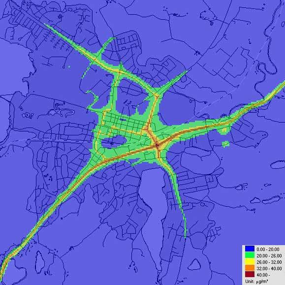 7.2.2 Beräkning, NO 2 Beräkningar av NO 2 halten har gjorts över Alingsås. En upplösning på 500x500 meter har används för att ta reda på den intransporterade bakgrunshalten som årsmedelvärde.