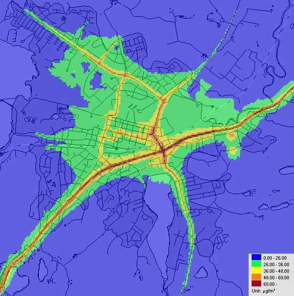 Figur 9 visar 98-percentil av dygnsmedelvärdet. Även här syns E20 som den dominerande källan.