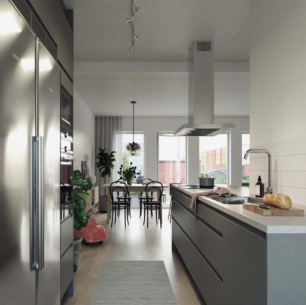 KÖK Alla radhus är utformade med tanke på att få största möjliga matglädje. Med öppenheten i planlösningen blir köket en mittpunkt för både matlagning och småprat.