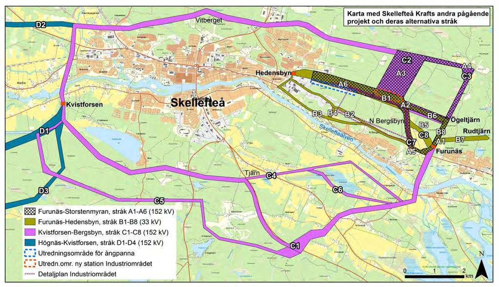 MILJÖKONSEKVENSBESKRIVNING 11(39) Figur 1-2. Översiktskarta med Skellefteå Krafts pågående projekt.