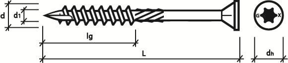 Dokumentsnr: CE-2002142-A4 Träskruv försänkt Impreg + och används utomhus. Skruven har sågtandad gänga som minskar indrivningsmomentet. Den slipade spetsen s.k. S- spets motverkar sprickbildning.