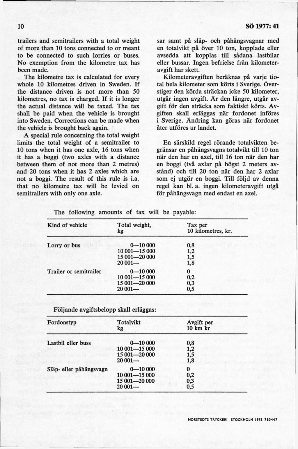 trailers and semitrailers with a total weight of more thån 10 tons connected to or meant to be connected to such lorries or buses. No exemption from the kilometre tax has been made.