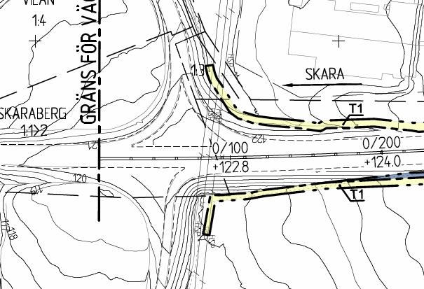 2.2 Förändrad omfattning av vägområdet, 0/090-0/200 Ändring Den tidigare kungjorda och granskade vägplanen redovisar på den aktuella sträckan ett område med tillfällig nyttjanderätt avsedd för