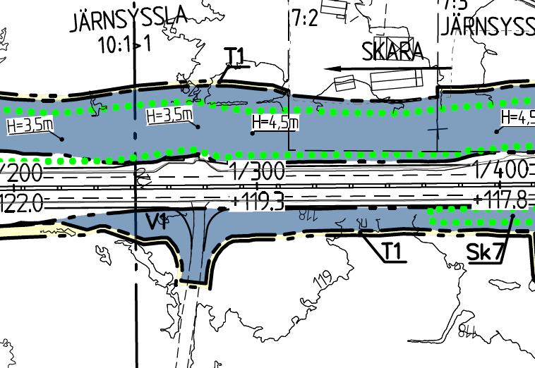 Redovisning på plankarta Nedan redovisas utdrag ur plankarta för delsträckan 1/200-1/400, dels ur vägplan daterad 2017-05-05,