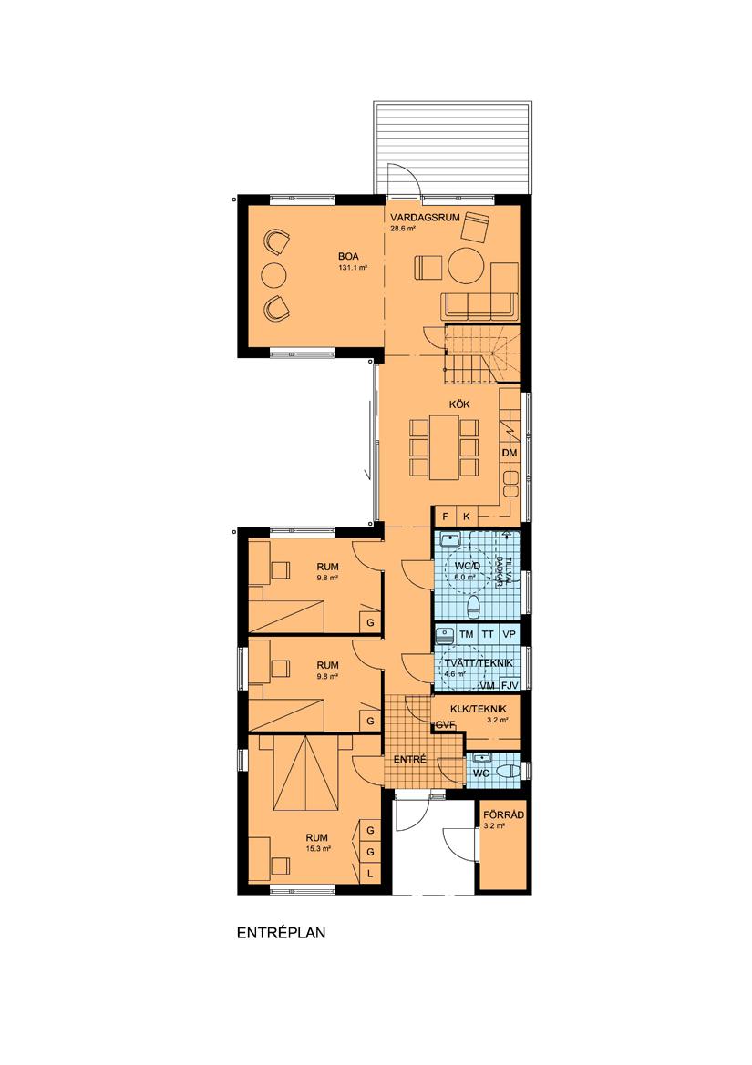 Entréplan E1 Skala 1:100 Planlösningen är inredd och i