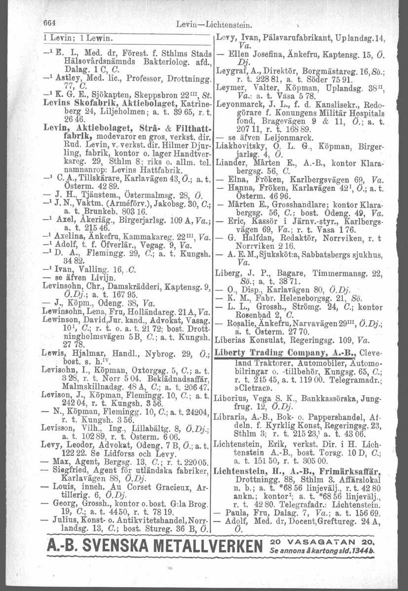 664 Levin-Lichtenstein. l Levin; 1 Lewin. --------------- Levy, Ivan, Pälsvarufabrikant, Va. Uplandsg.14, -, E. I., Med. dr, Förest. f. Sthlms Hälsovårdsnämnds Bakteriolog. Stads afd.
