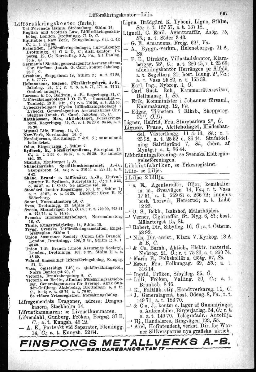 '. Lifförsäkringskontor- Lilja. 667 LiCförsäkringskoutor (forts.): Ligna Brädgård K. Tyboni, Ligna, Sthlm, ~et Förenade Hafnia, Strömsbo~?,.Sthlm 16.. SÖ.; r. t. 13757, a. t. 137 18.